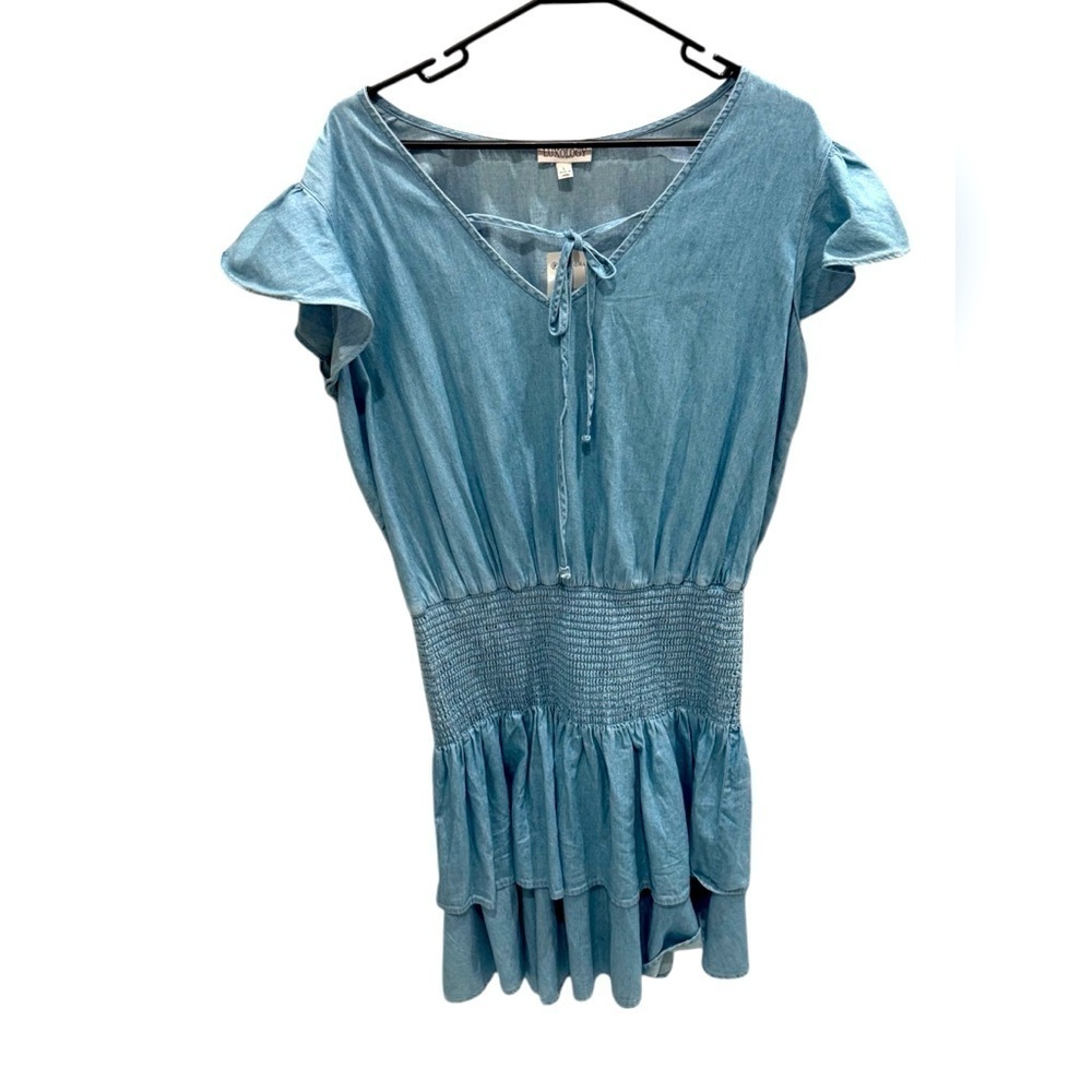 Luxology Women's Blue Chambray Ruffle Cap Sleeve Summer Dress Size Large